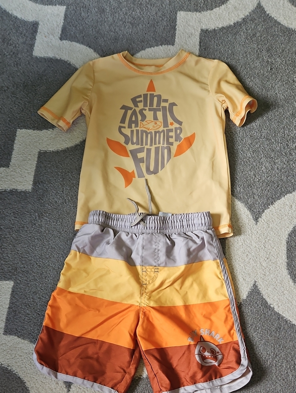 Kids Yellow & Orange Shark Rash Guard Swim Set